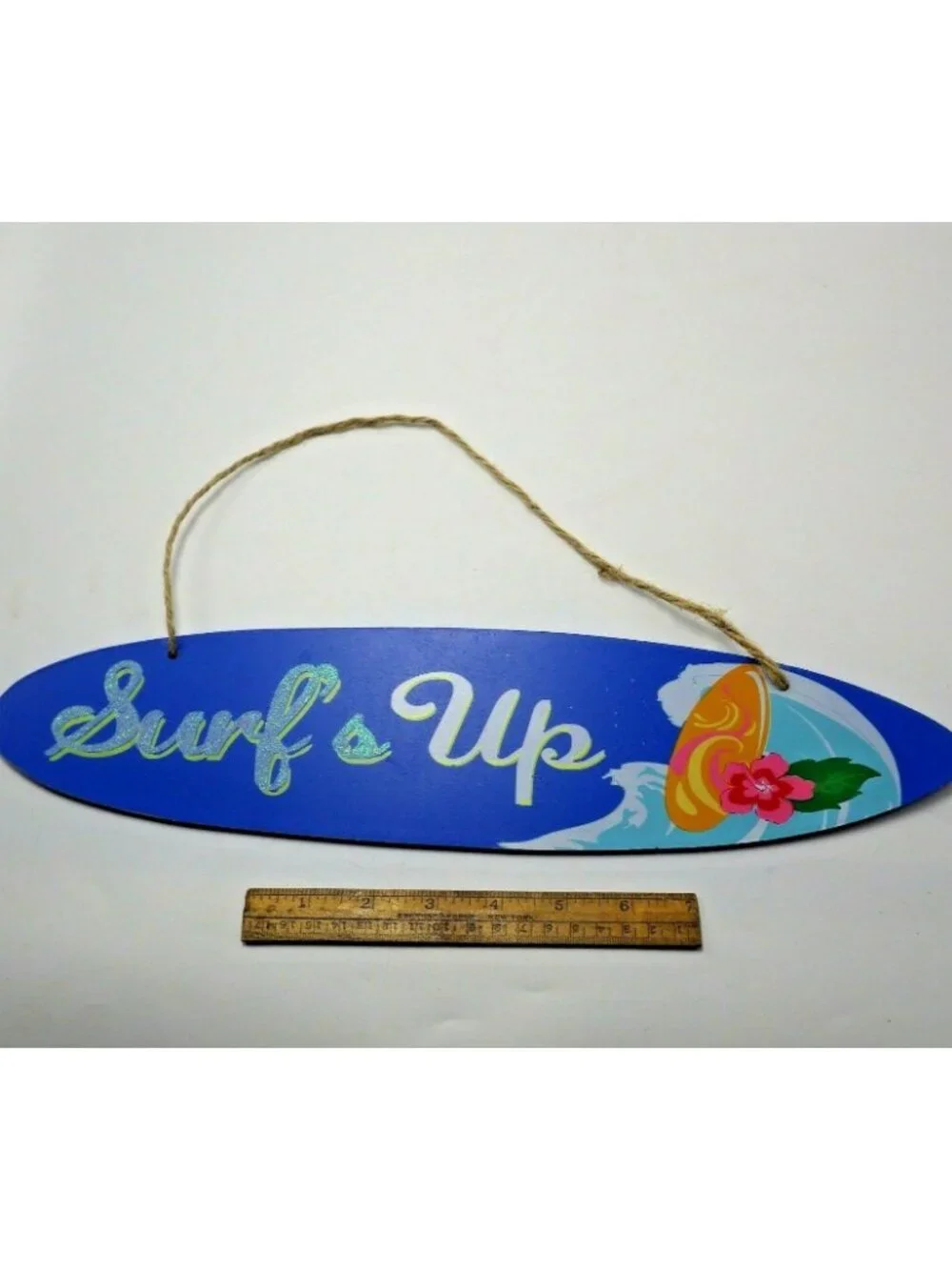 Surfs Up Surfboard Shape Sign Tropical Luau Tiki Coastal Blue Wood 16 inch